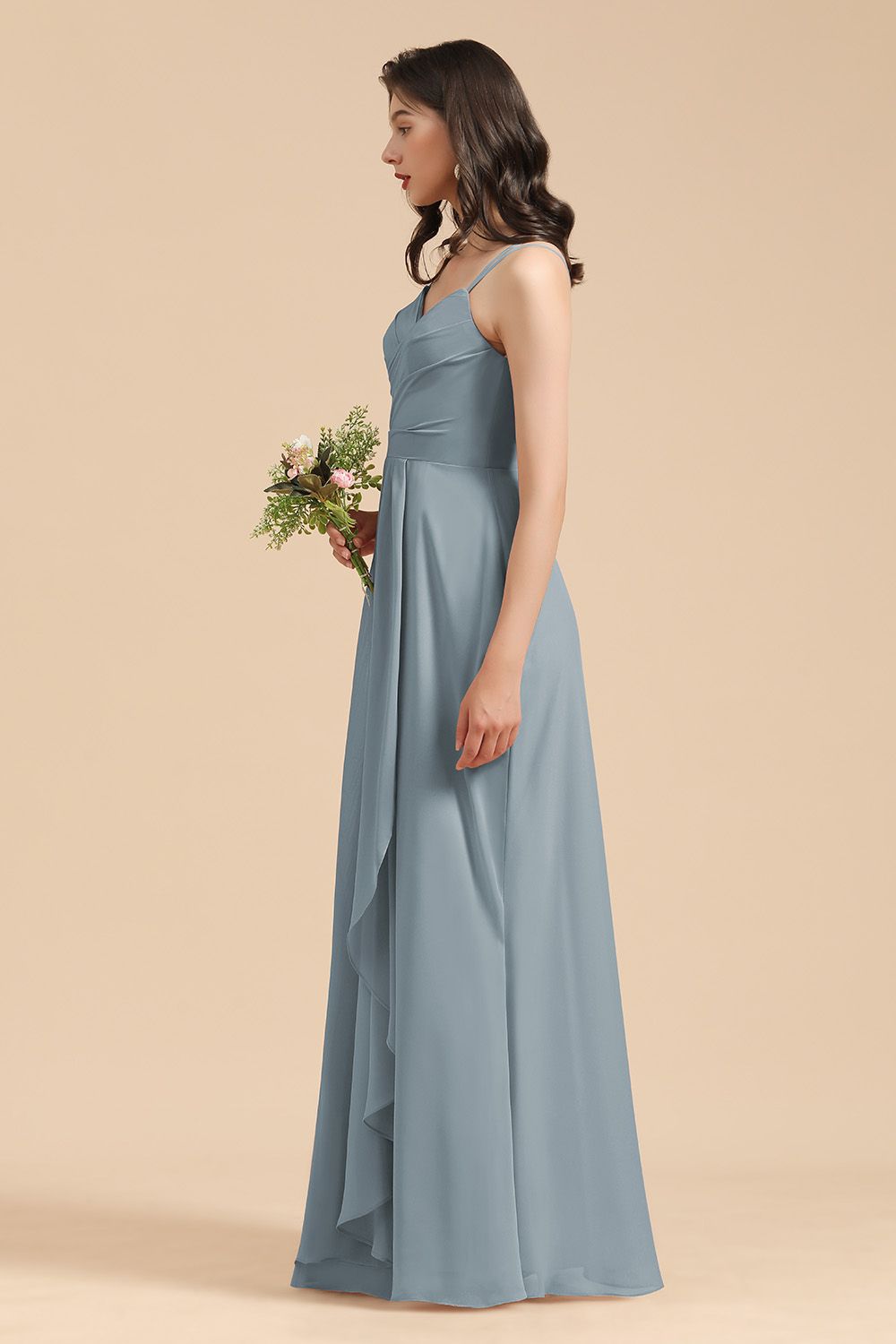 Affordable V-Neck Ruffle Dusty Blue Chiffon Bridesmaid Dresses