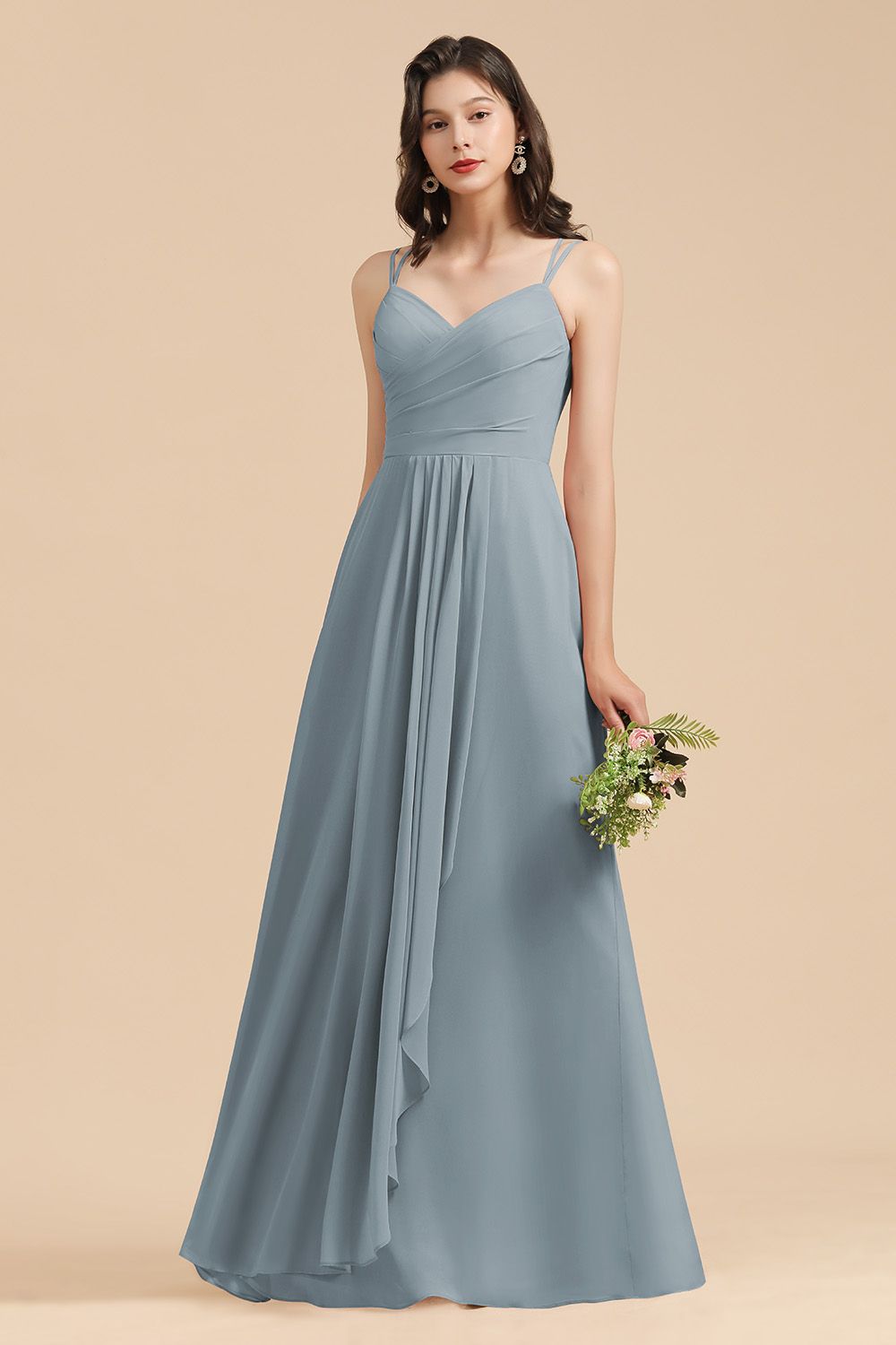 Affordable V-Neck Ruffle Dusty Blue Chiffon Bridesmaid Dresses