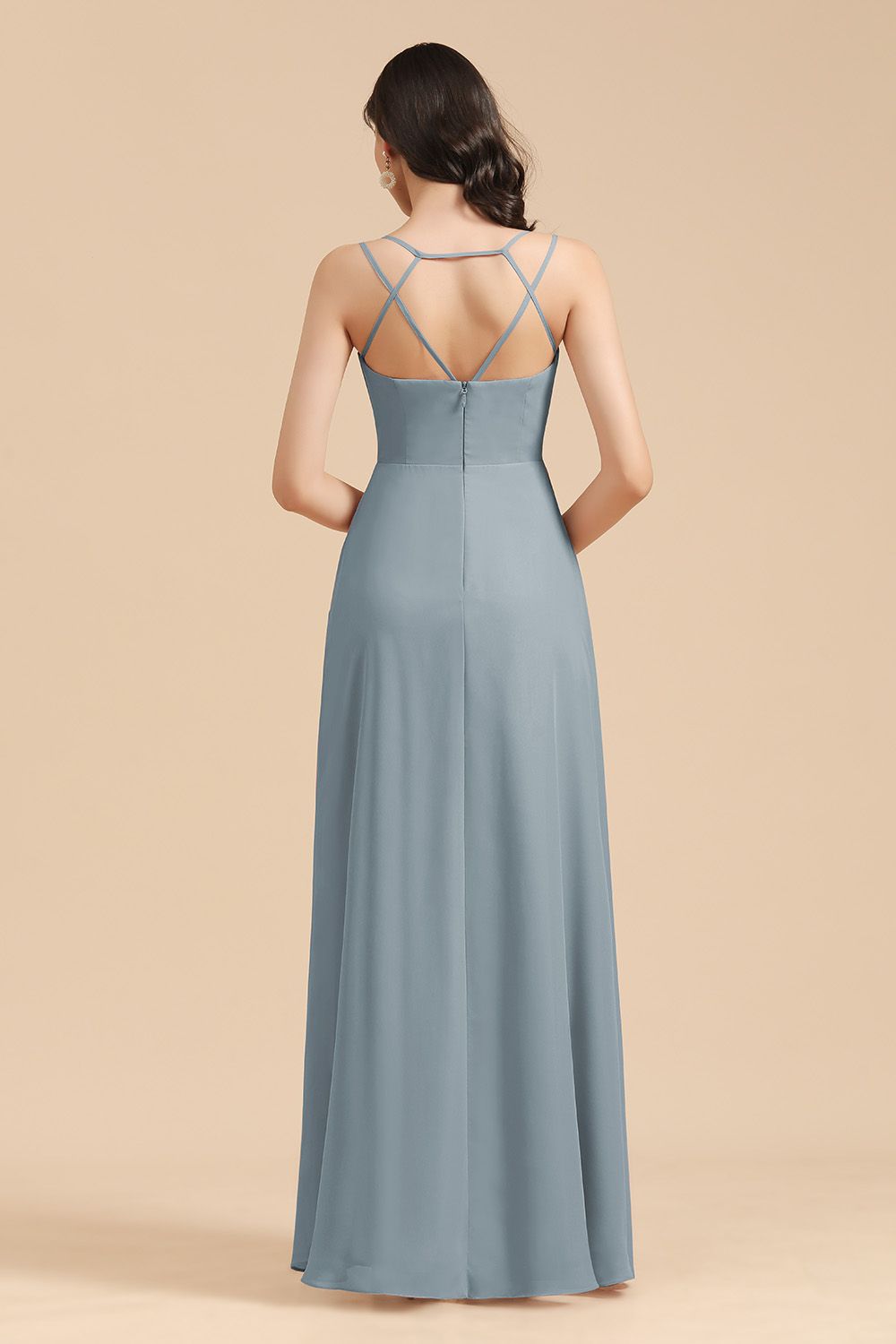 Affordable V-Neck Ruffle Dusty Blue Chiffon Bridesmaid Dresses