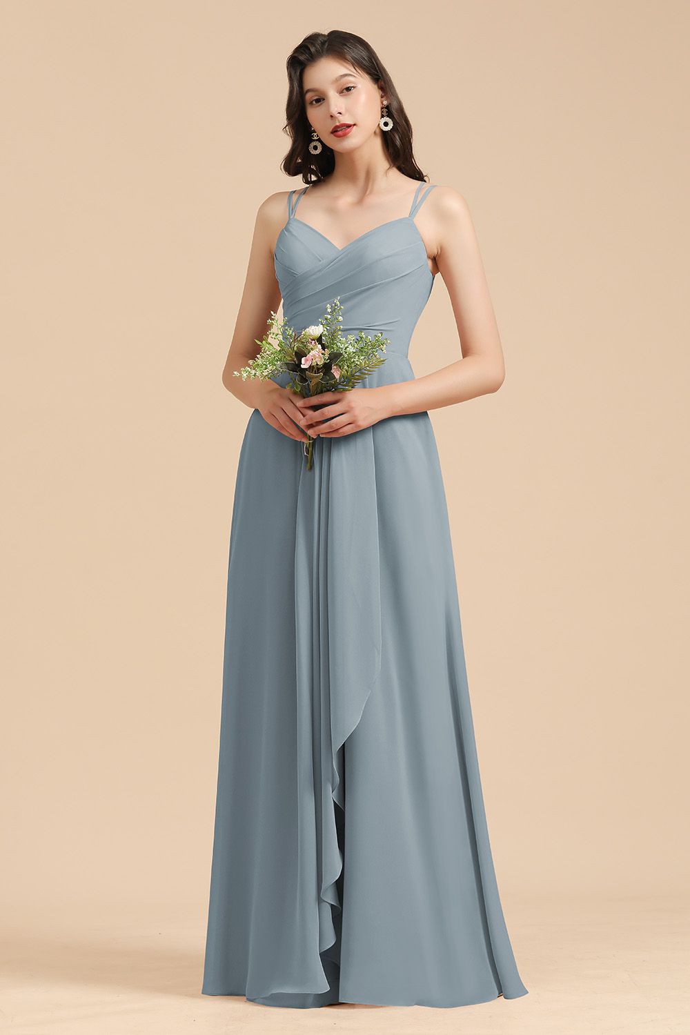 Affordable V-Neck Ruffle Dusty Blue Chiffon Bridesmaid Dresses