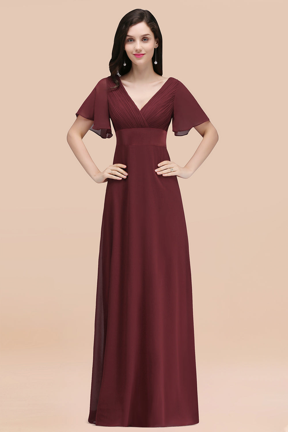 Affordable V-Neck Ruffle Long Burgundy Bridesmaid Dress With Short-Sleeves