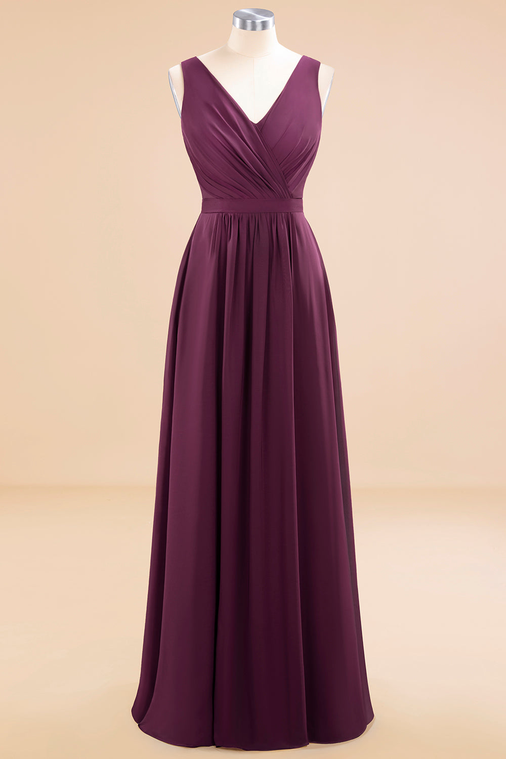 Affordable V-Neck Ruffle Long Grape Chiffon Bridesmaid Dress with Bow