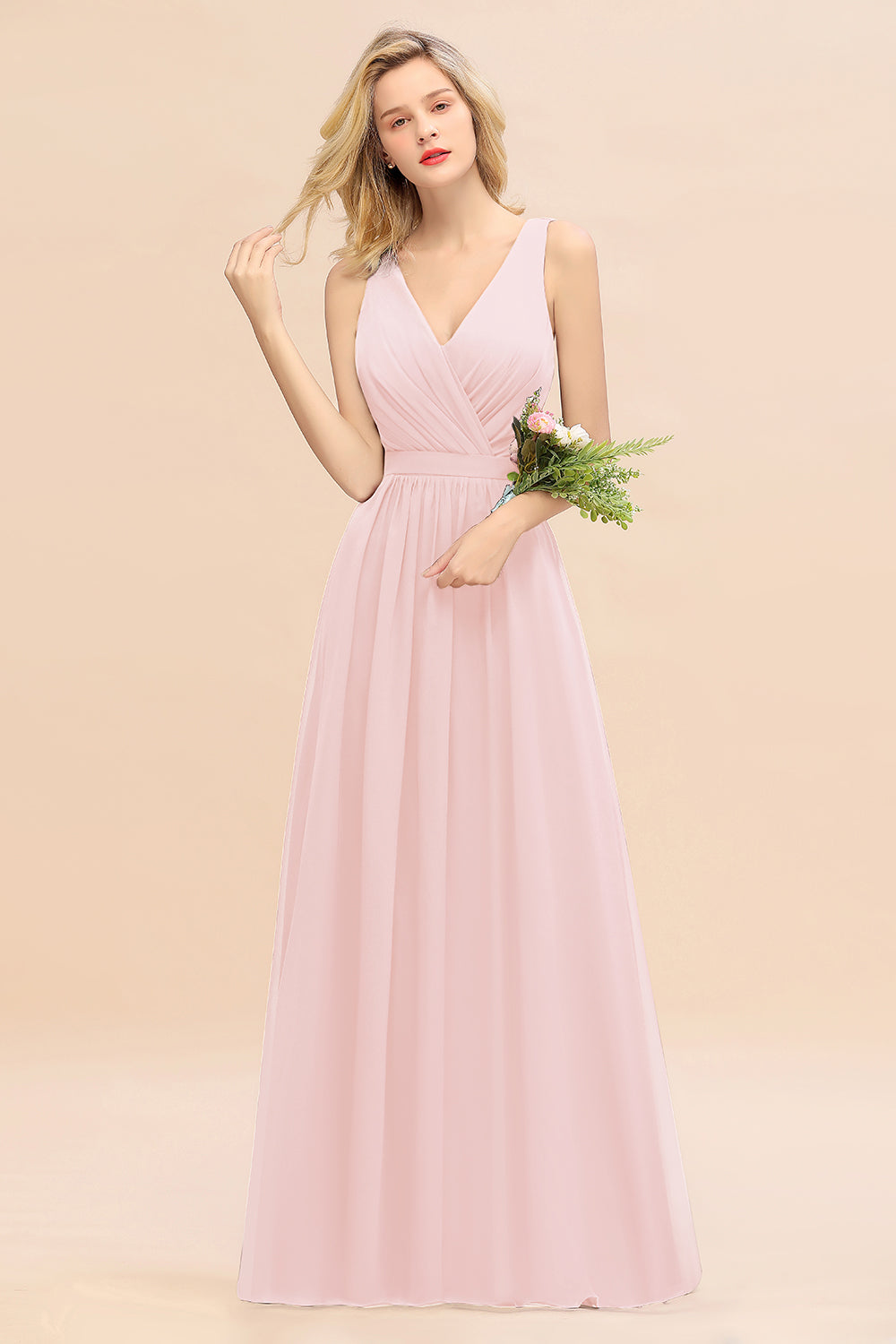 Affordable V-Neck Ruffle Long Grape Chiffon Bridesmaid Dress with Bow