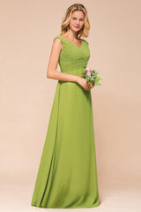 Affordable V-Neck Sleeveless Green Chiffon Bridesmaid Dress Online