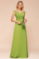 Affordable V-Neck Sleeveless Green Chiffon Bridesmaid Dress Online