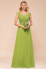 Affordable V-Neck Sleeveless Green Chiffon Bridesmaid Dress Online