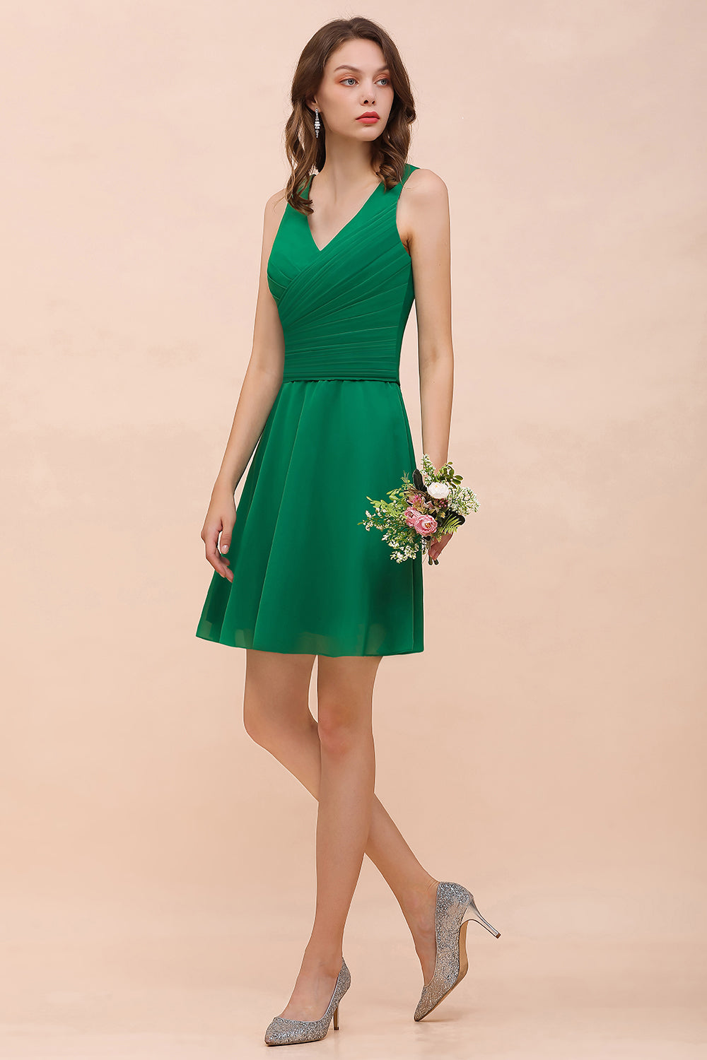 Affordable V-Neck Sleeveless Ruffle Short Bridesmaid Dress