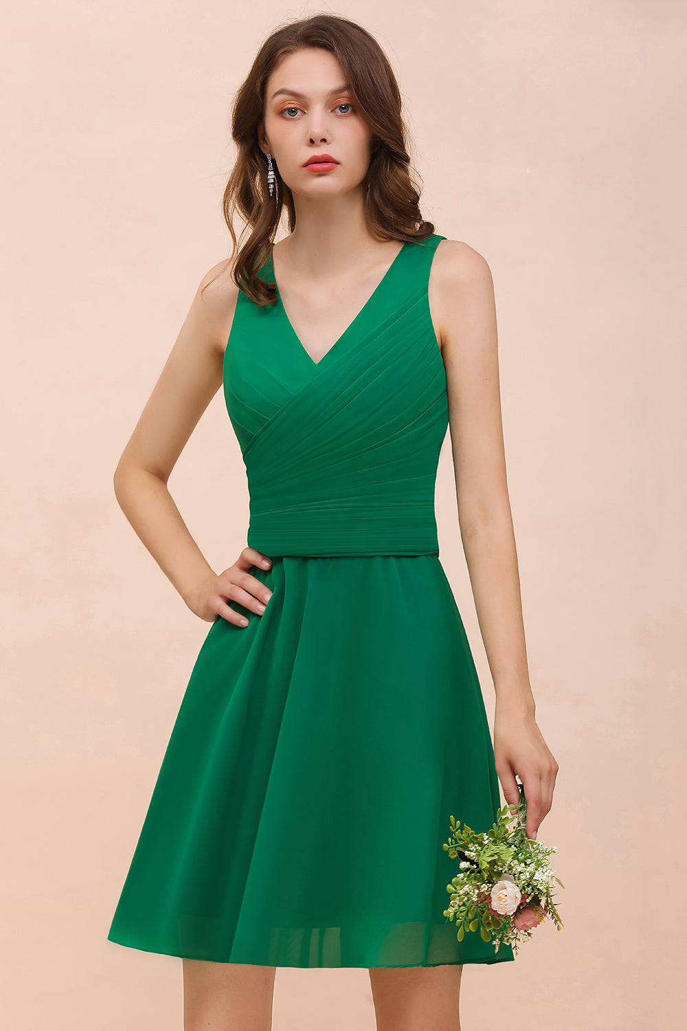 Affordable V-Neck Sleeveless Ruffle Short Bridesmaid Dress