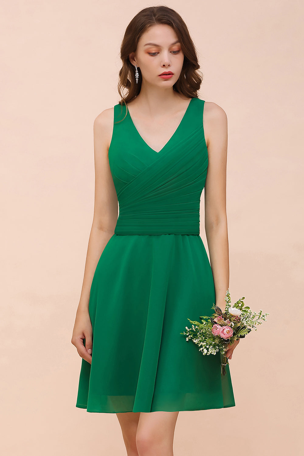 Affordable V-Neck Sleeveless Ruffle Short Bridesmaid Dress