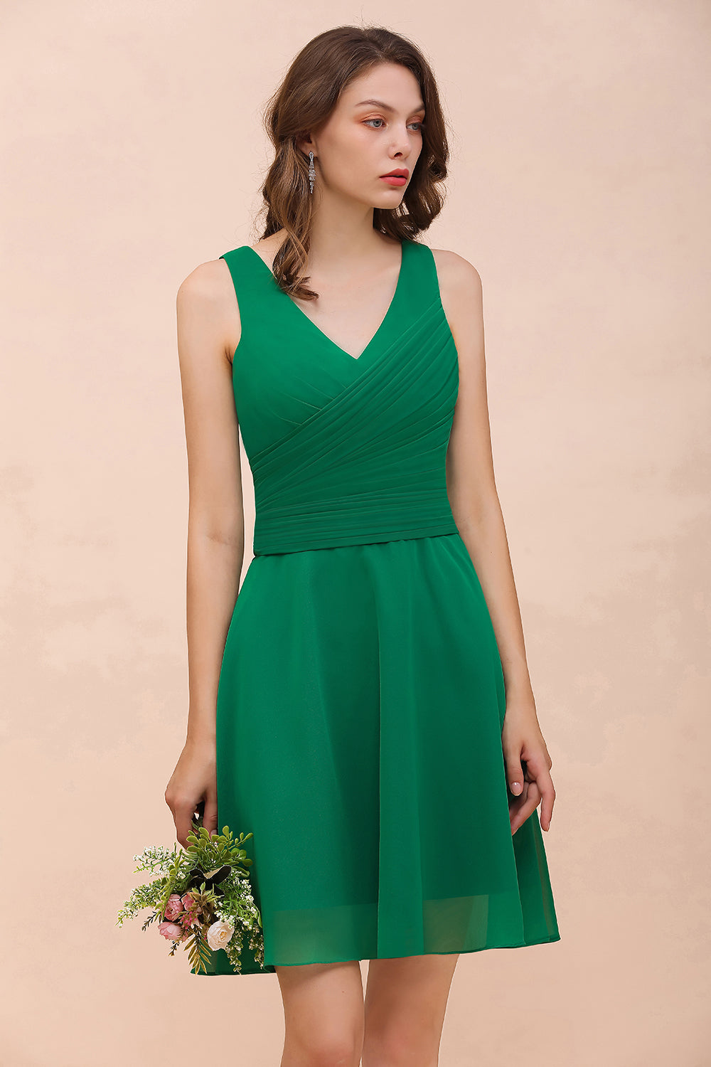 Affordable V-Neck Sleeveless Ruffle Short Bridesmaid Dress