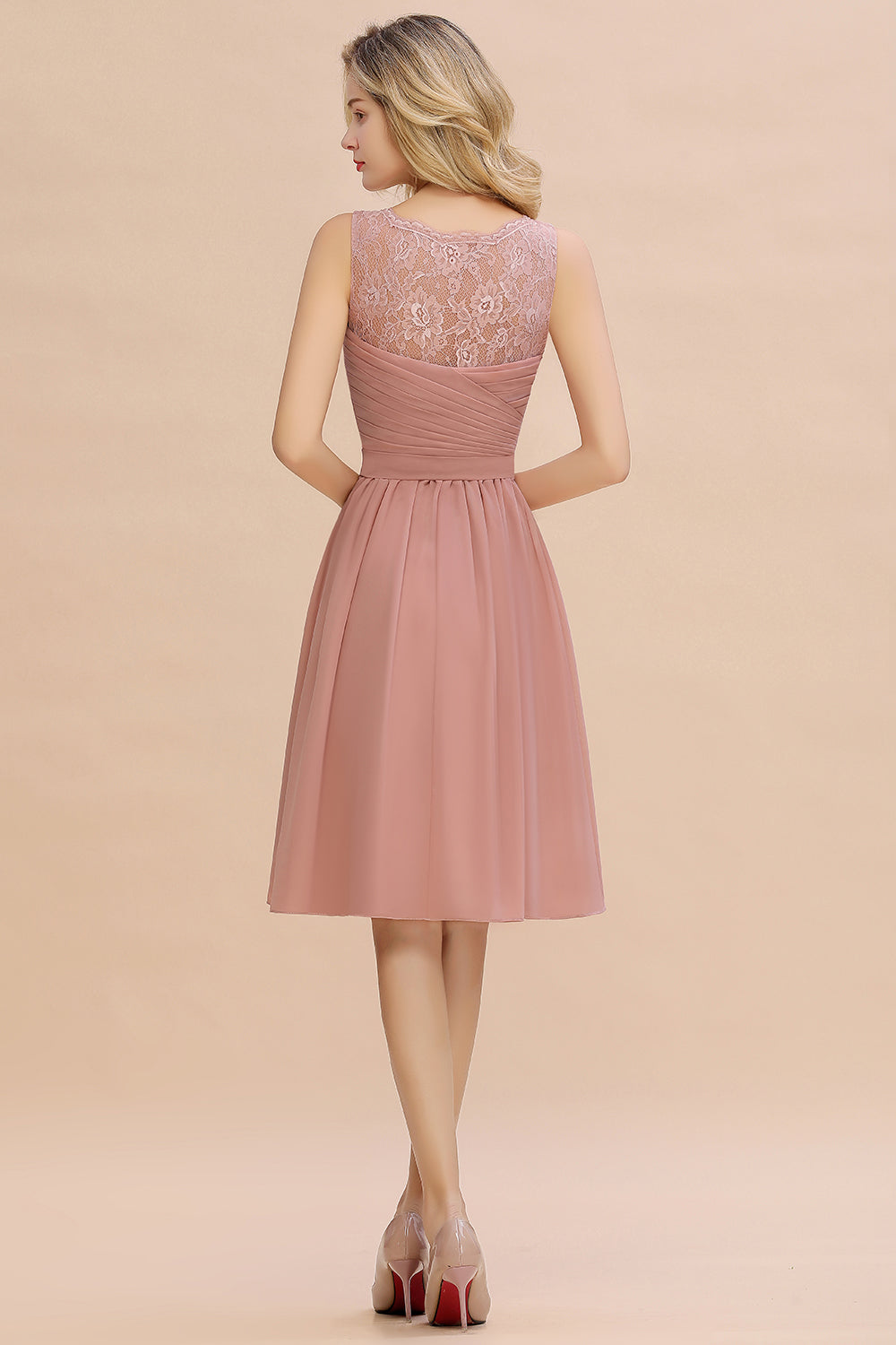 Affordable V-Neck Sleeveless Ruffles Short Lace Bridesmaid dresses Online