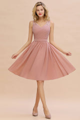 Affordable V-Neck Sleeveless Ruffles Short Lace Bridesmaid dresses Online