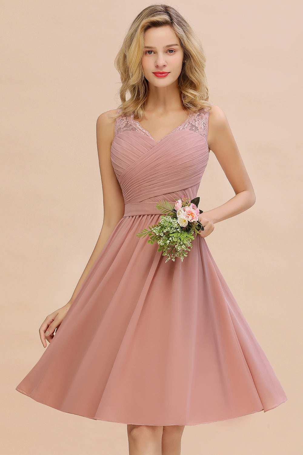 Affordable V-Neck Sleeveless Ruffles Short Lace Bridesmaid dresses Online