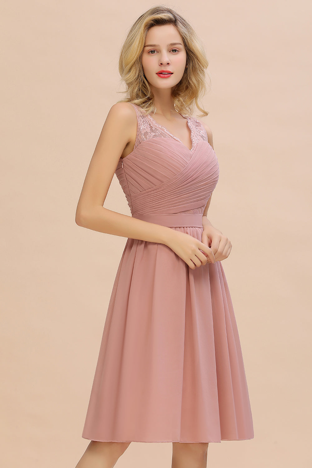 Affordable V-Neck Sleeveless Ruffles Short Lace Bridesmaid dresses Online