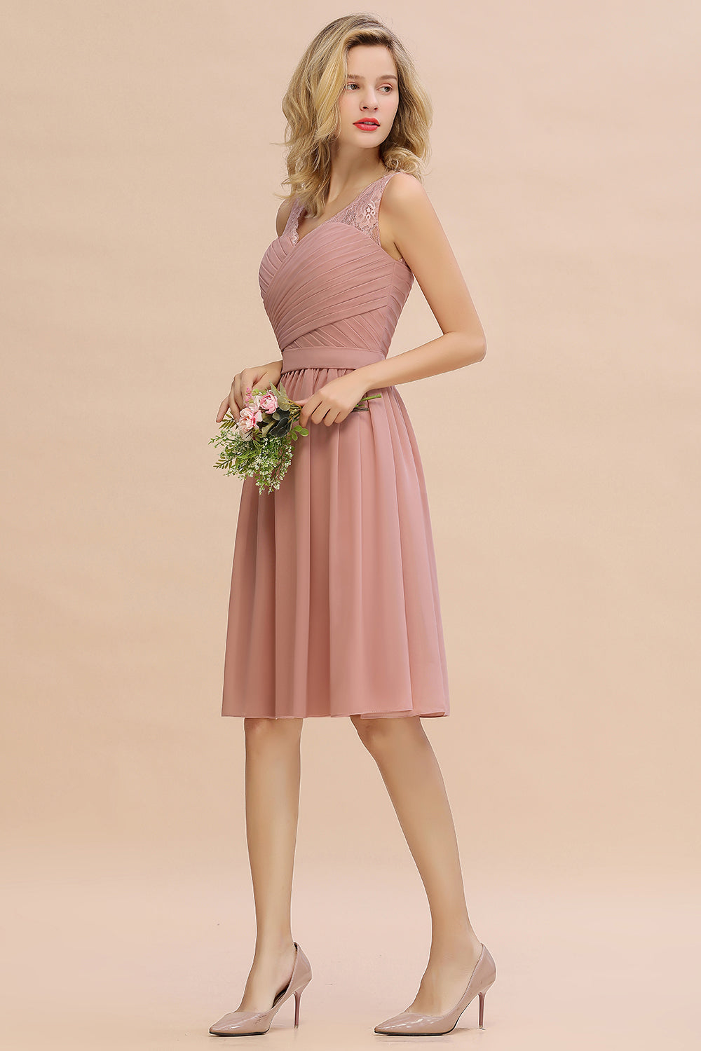 Affordable V-Neck Sleeveless Ruffles Short Lace Bridesmaid dresses Online