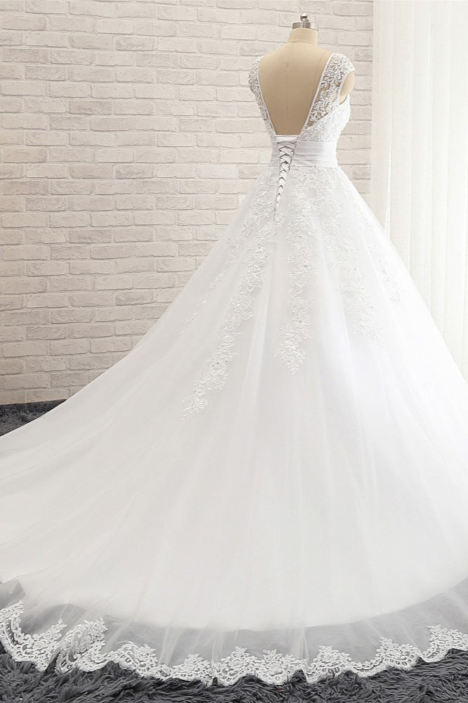 Affordable V-Neck Tulle Lace Wedding Dress A-Line Sleeveless Appliques Bridal Gowns with Beadings Online