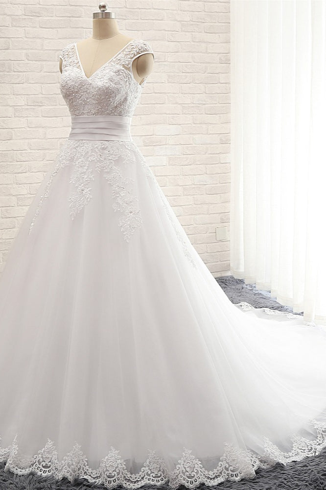 Affordable V-Neck Tulle Lace Wedding Dress A-Line Sleeveless Appliques Bridal Gowns with Beadings Online