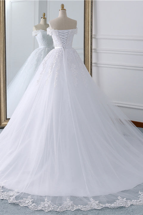 Affordable White Off-the-shoulder Lace Wedding Dresses With Appliques Tulle Ruffles Bridal Gowns On Sale