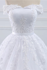 Affordable White Off-the-shoulder Lace Wedding Dresses With Appliques Tulle Ruffles Bridal Gowns On Sale