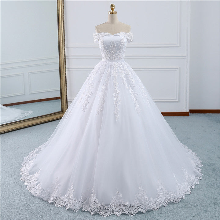 Affordable White Off-the-shoulder Lace Wedding Dresses With Appliques Tulle Ruffles Bridal Gowns On Sale