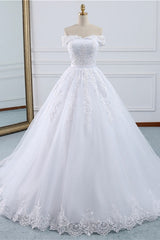 Affordable White Off-the-shoulder Lace Wedding Dresses With Appliques Tulle Ruffles Bridal Gowns On Sale