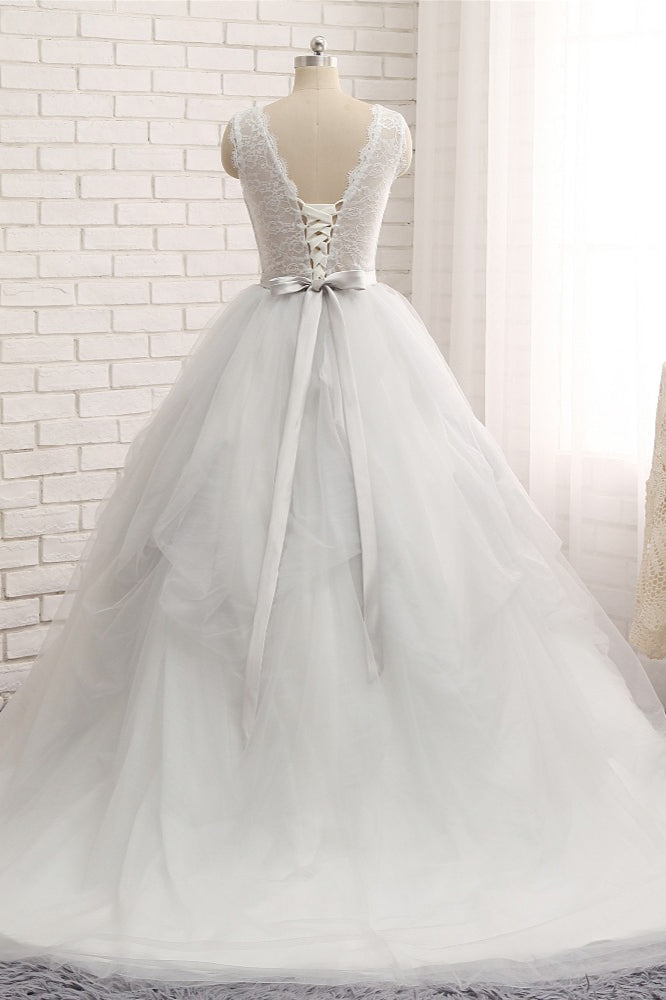 Affordable White Sleeveless Tulle Wedding Dresses With Appliques A-line Jewel Bridal Gowns Online