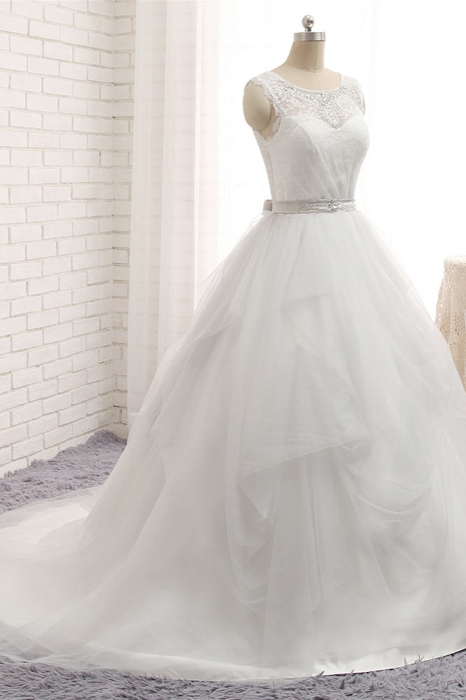 Affordable White Sleeveless Tulle Wedding Dresses With Appliques A-line Jewel Bridal Gowns Online