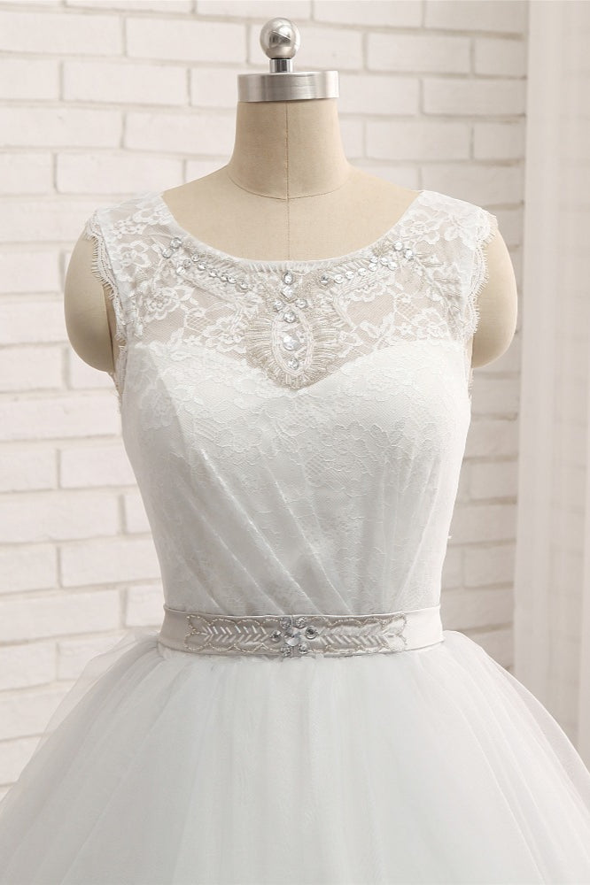 Affordable White Sleeveless Tulle Wedding Dresses With Appliques A-line Jewel Bridal Gowns Online