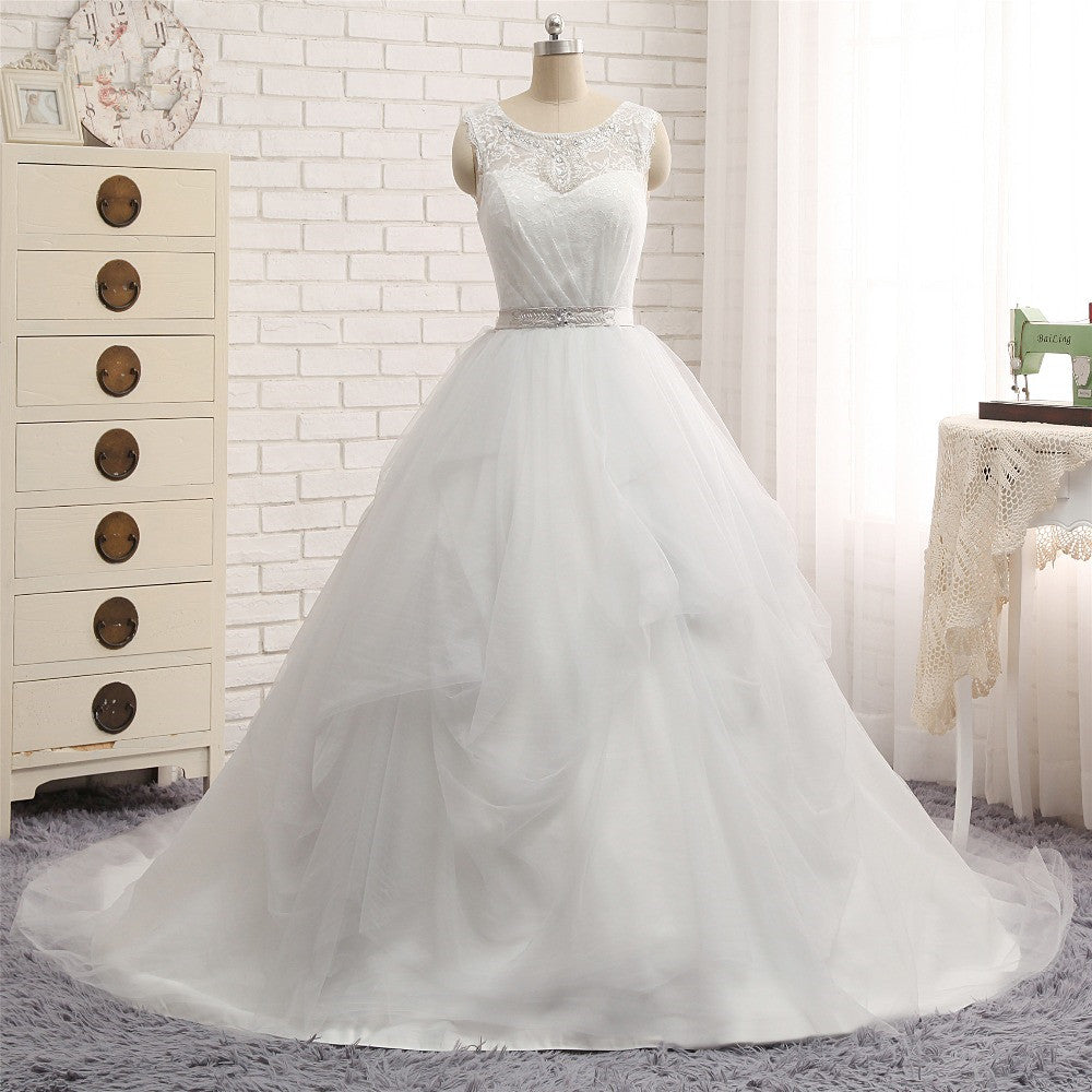 Affordable White Sleeveless Tulle Wedding Dresses With Appliques A-line Jewel Bridal Gowns Online