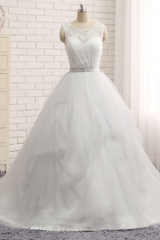 Affordable White Sleeveless Tulle Wedding Dresses With Appliques A-line Jewel Bridal Gowns Online