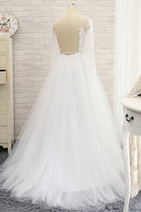 Affordable White Tulle Ruffles Lace Wedding Dresses Jewel Longsleeves Bridal Gowns With Appliques On Sale