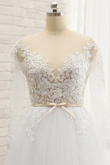 Affordable White Tulle Ruffles Lace Wedding Dresses Jewel Longsleeves Bridal Gowns With Appliques On Sale