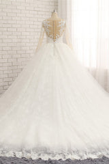 Affordable White Tulle Ruffles Wedding Dresses Jewel Longsleeves Lace Bridal Gowns With Appliques Online