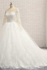 Affordable White Tulle Ruffles Wedding Dresses Jewel Longsleeves Lace Bridal Gowns With Appliques Online