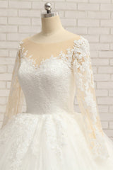 Affordable White Tulle Ruffles Wedding Dresses Jewel Longsleeves Lace Bridal Gowns With Appliques Online