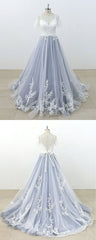 AffordableBlue Gray Tulle Ivory Lace Wedding Dress Short Sleeve Beach Bridal Gowns On Sale