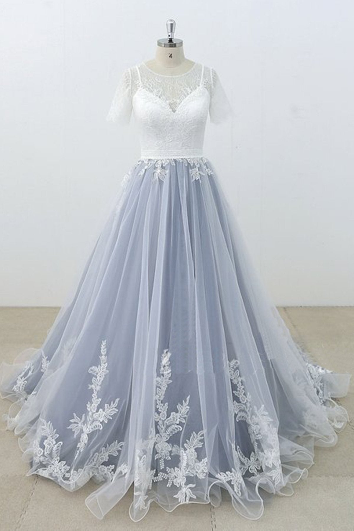 AffordableBlue Gray Tulle Ivory Lace Wedding Dress Short Sleeve Beach Bridal Gowns On Sale