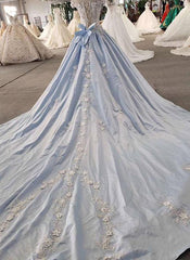 AffordableLight Blue Satin Sweep Train Wedding Dress Off Shoulder Sleeveless Bridal Gowns On Sale