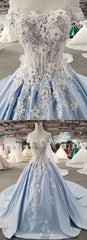 AffordableLight Blue Satin Sweep Train Wedding Dress Off Shoulder Sleeveless Bridal Gowns On Sale