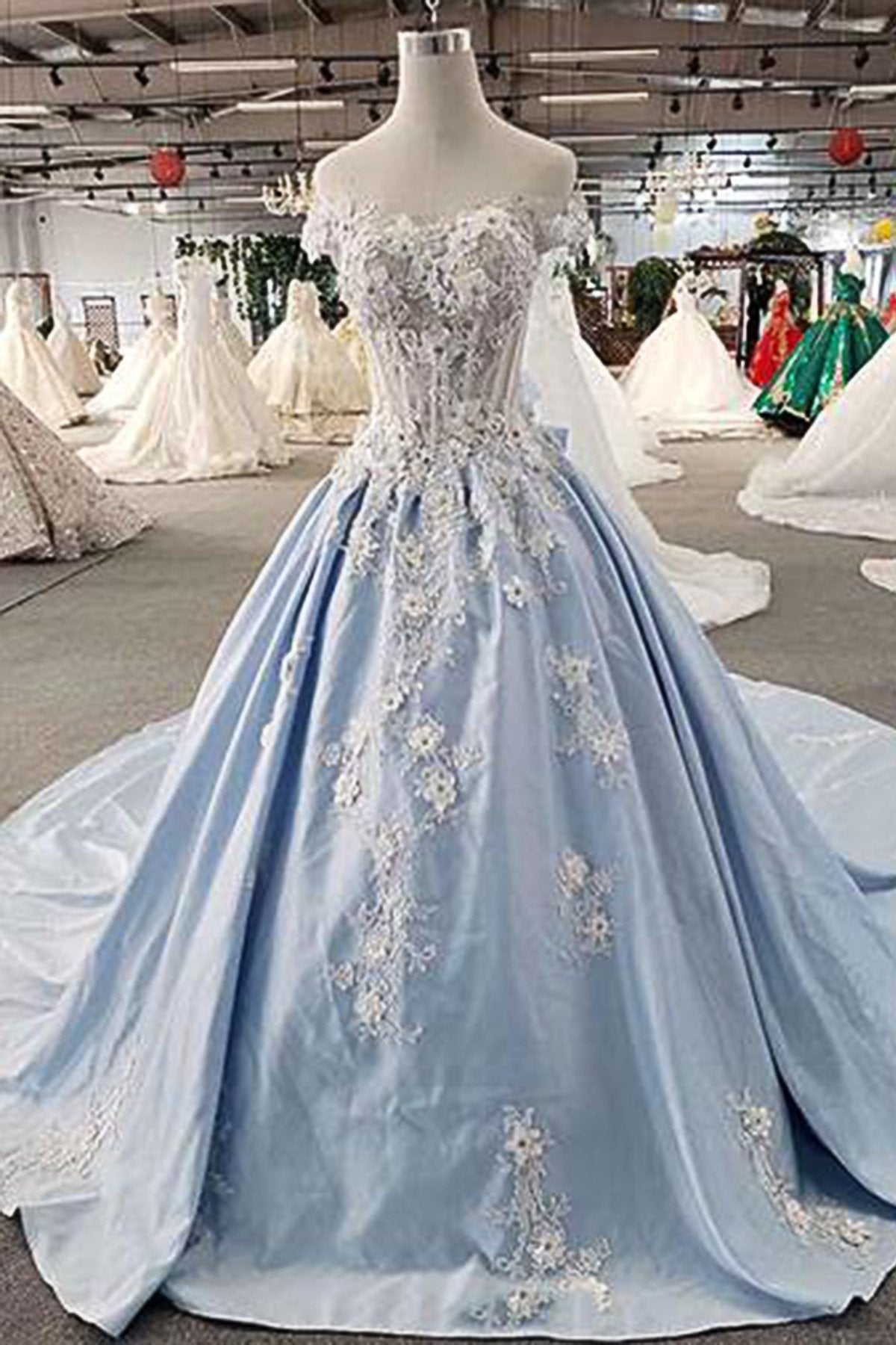 AffordableLight Blue Satin Sweep Train Wedding Dress Off Shoulder Sleeveless Bridal Gowns On Sale