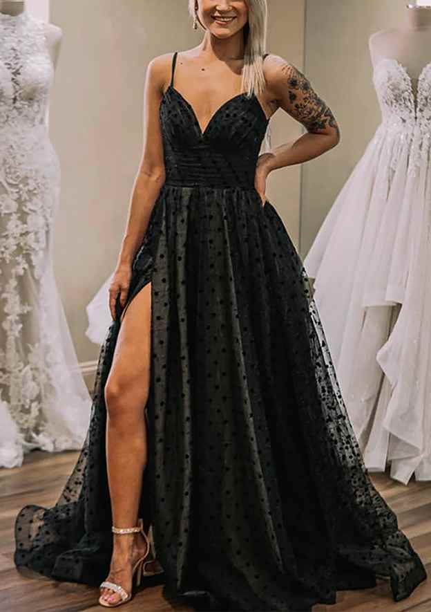 Amazing A-Line V-Neck Prom Dress/Evening Dress with Spaghetti Straps and Tulle Split Skirt