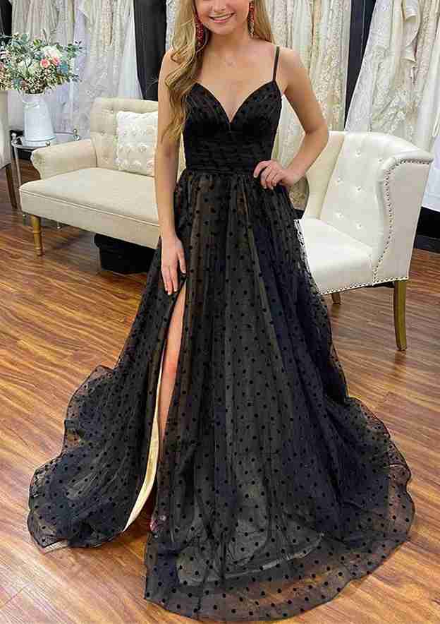 Amazing A-Line V-Neck Prom Dress/Evening Dress with Spaghetti Straps and Tulle Split Skirt