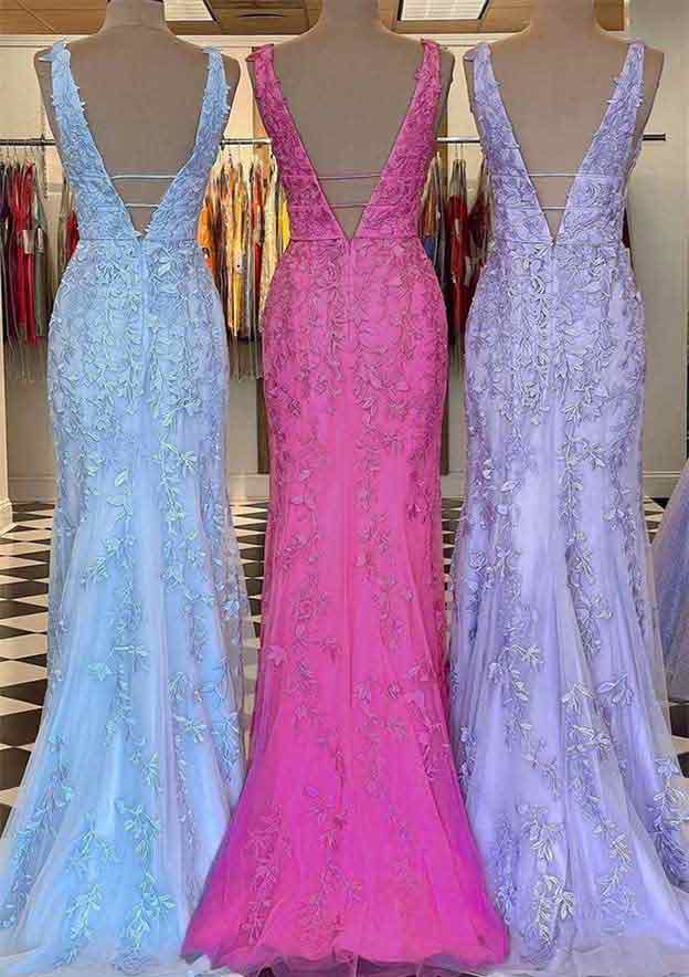 Amazing Laced Tulle Prom Dress/Evening Dress with Beading - Sheath/Column V-Neck Sleeveless Long/Floor-Length