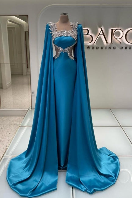 Amazing Long Blue Satin Rhinestone Evening Dress Designer Style