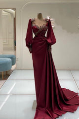 Amazing Long Burgundy Mermaid Beaded Lace Prom Dress with Long Sleeves