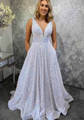 Amazing Princess A-Line V-Neck Sleeveless Velvet Sequins Long Prom Dress/Evening Dress With Pockets