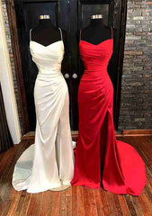 Amazing Sheath/Column V-Neck Spaghetti Strap Satin Prom Dress/Evening Dress with Pleated Split and Sweep Train