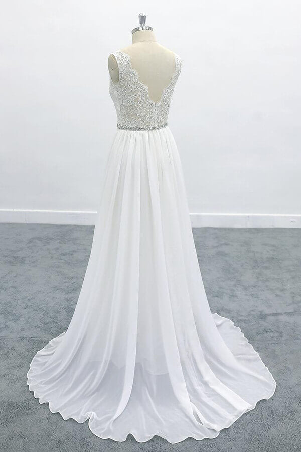 Awesome V-neck A-line Lace Chiffon Wedding Dress On Sale