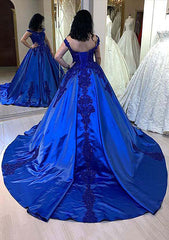 Ball Gown Bateau Cathedral Satin Prom Dress/Evening Dress With Appliqued Beading