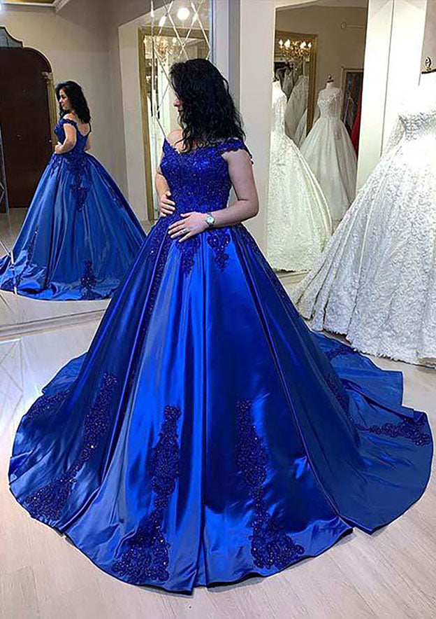 Ball Gown Bateau Cathedral Satin Prom Dress/Evening Dress With Appliqued Beading